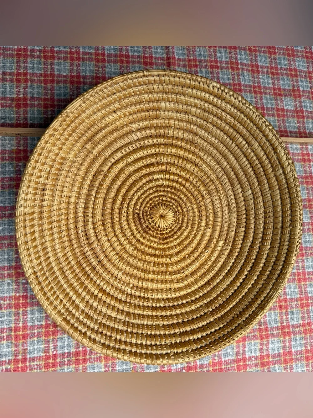 Vintage coiled woven straw basket tray round boho wall decor